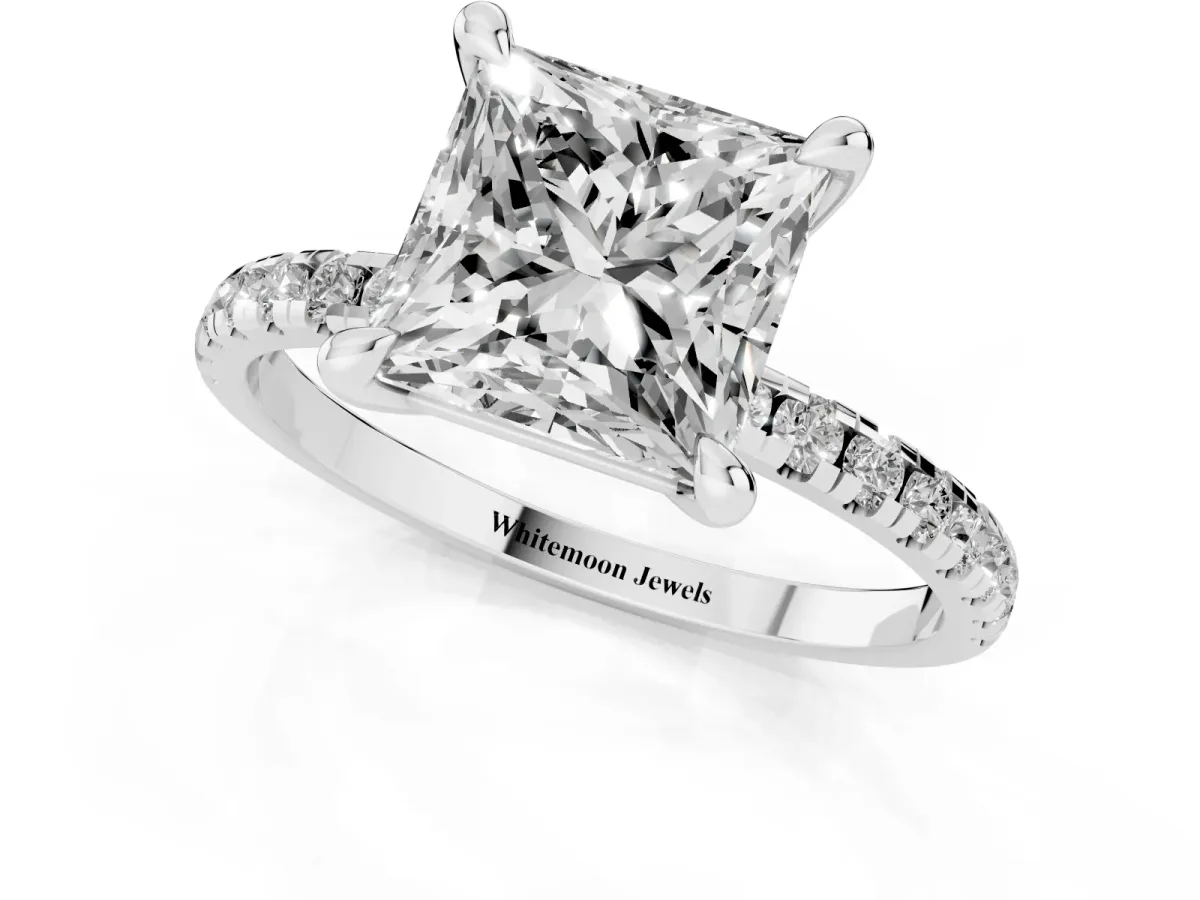 Princess Cut Diamond Brilliant Solitaire Ring with Pavé Band and Four-Prong Setting Silver