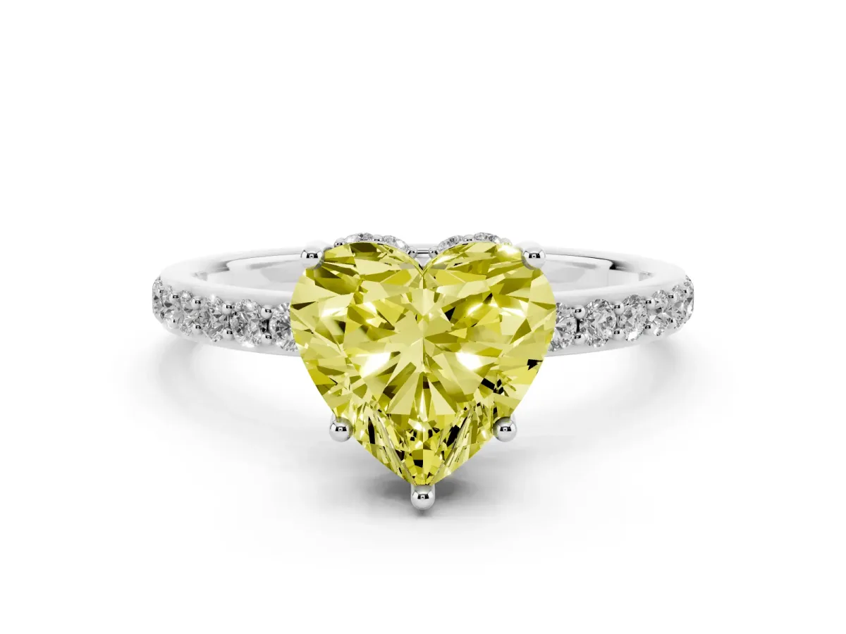 Fancy Yellow Heart Cut Diamond Solitaire Ring with Pavé Band and Hidden Halo Silver