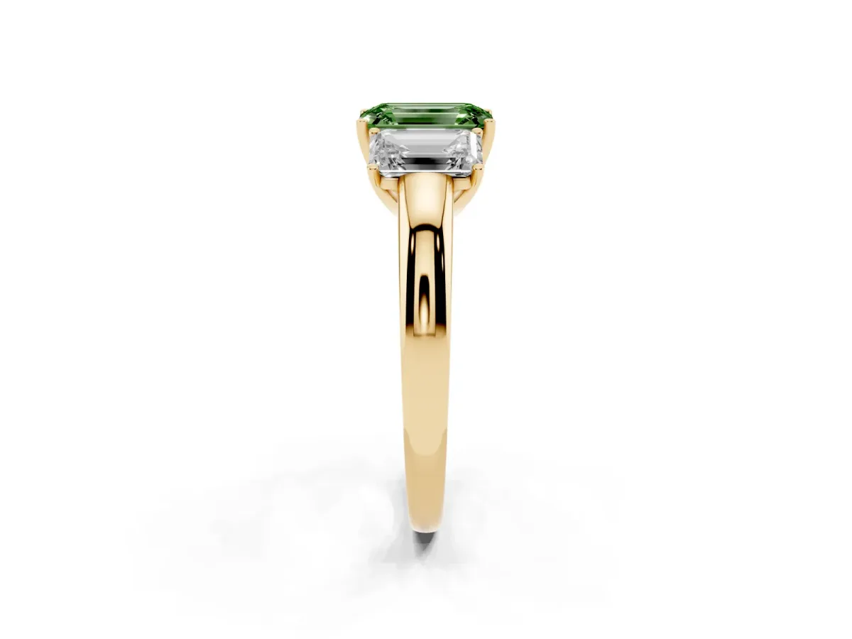Fancy Green Emerald Cut Diamond Three-Stone Ring with Four-Prong Setting and Classic Band Yellow gold