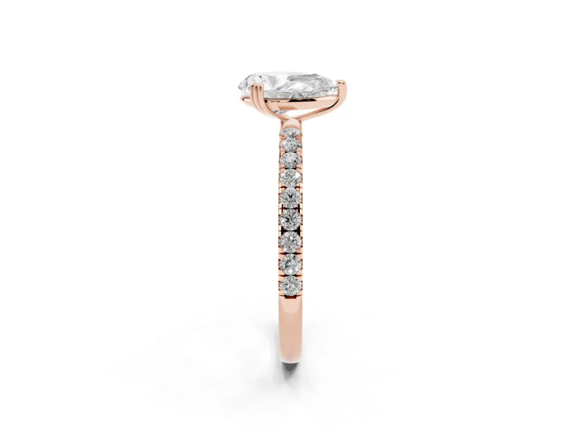 Pear Cut Brilliant Solitaire with Pavé Band and Claw Prong Setting Rose gold