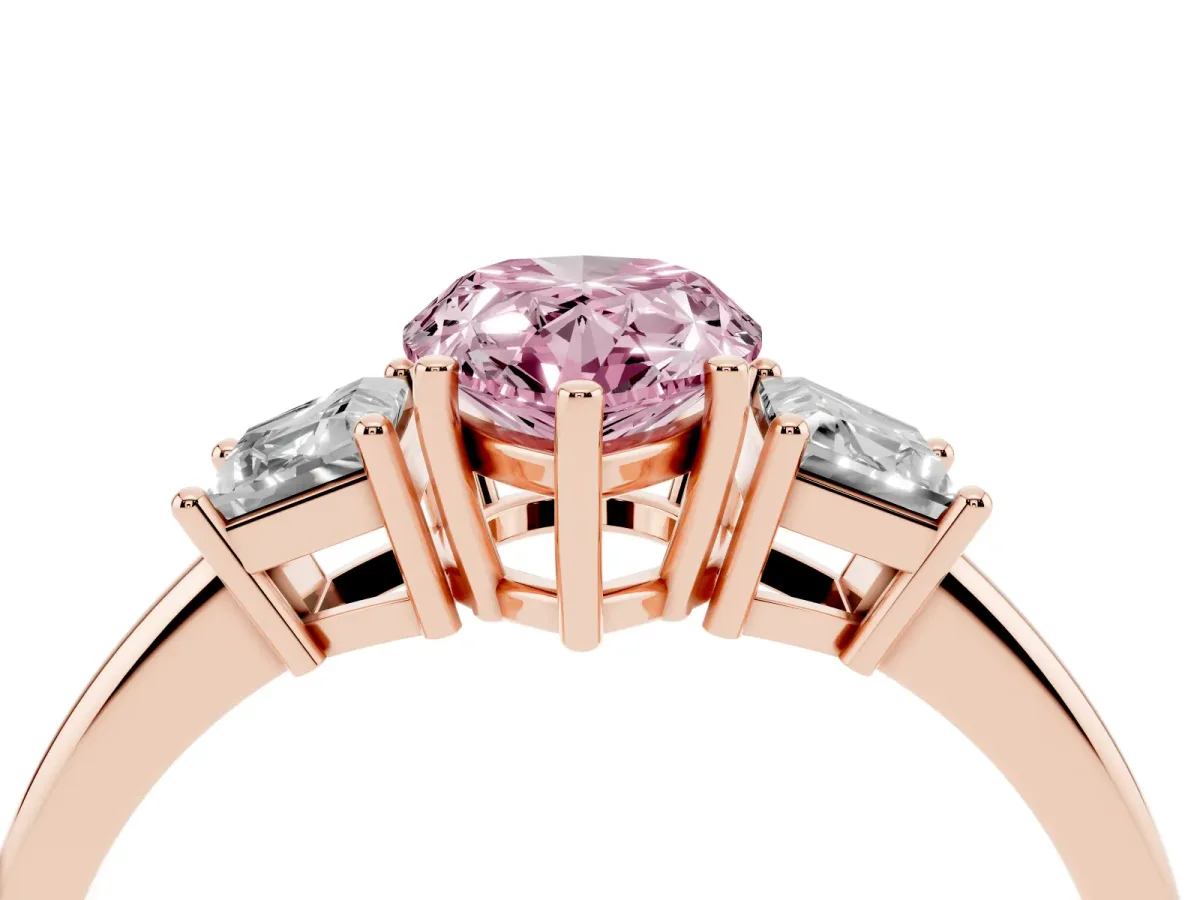 Fancy Pink Pear Cut Diamond Three-Stone Ring with Trapezoid Side Stones and Prong Setting Rose gold