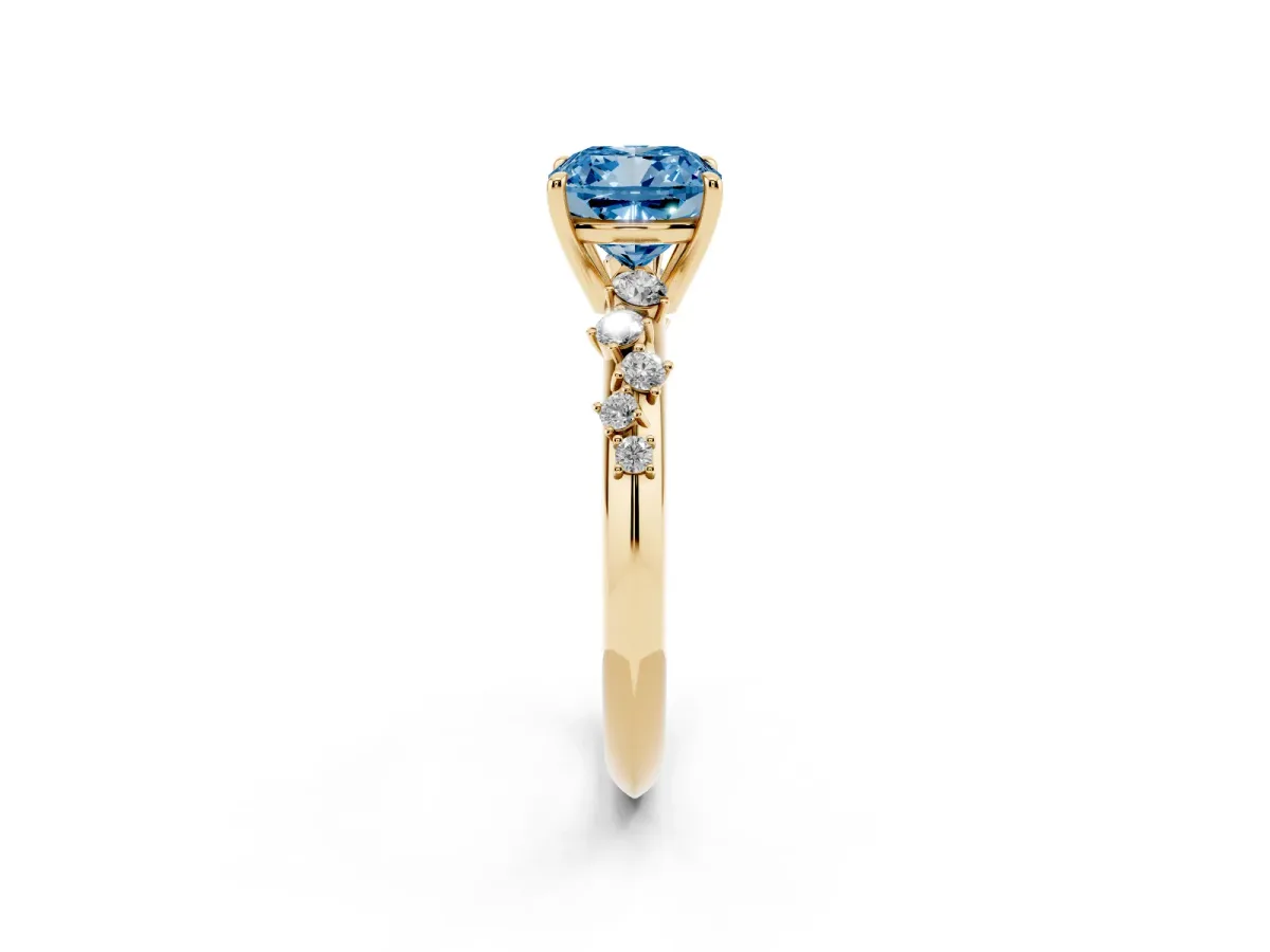 Fancy Blue Cushion Cut Diamond Cluster Side Stone Solitaire Ring with Prong Setting Yellow gold