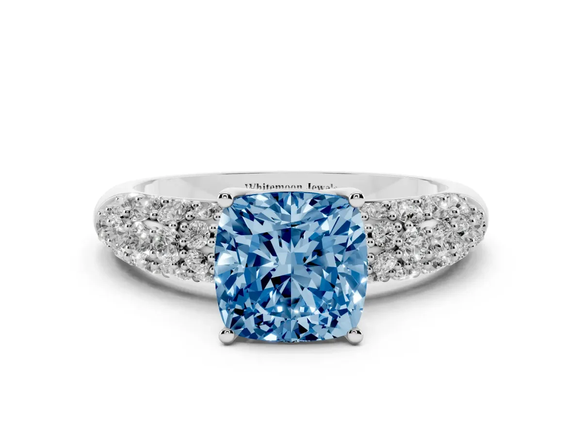 Fancy Blue Cushion Cut Diamond Pavé Band Solitaire Ring with Four-Prong Setting White gold