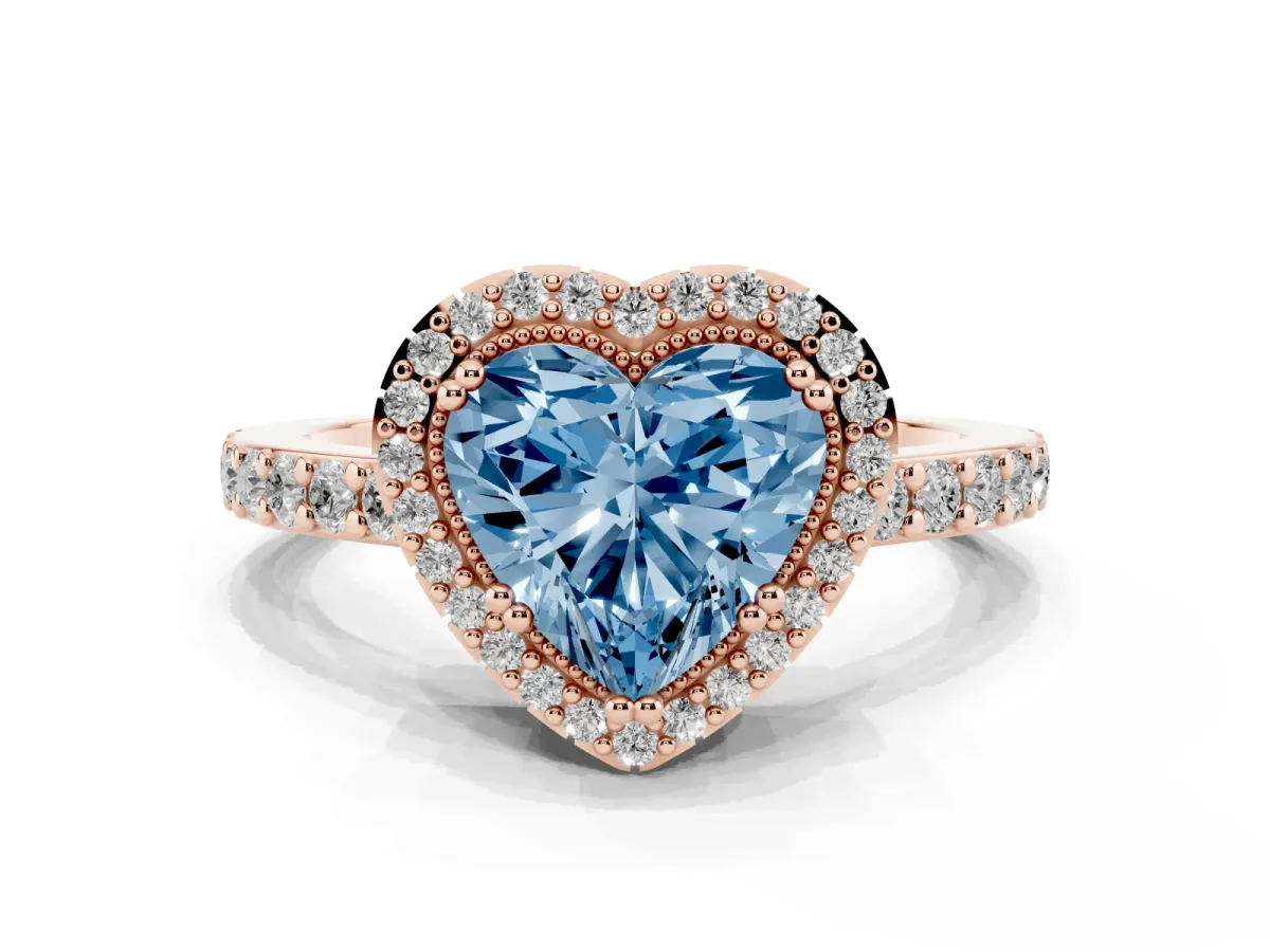 Fancy Blue Heart Cut Cut Diamond Halo Engagement Ring with Milgrain Detail and Pavé Band Rose gold