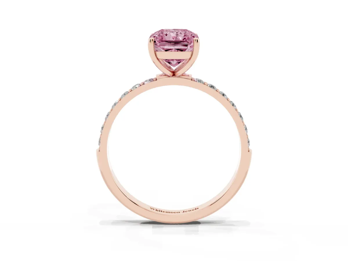 Fancy Pink Radiant Cut Diamond Solitaire Ring with Round Pavé Shoulders and Prong Setting Rose gold
