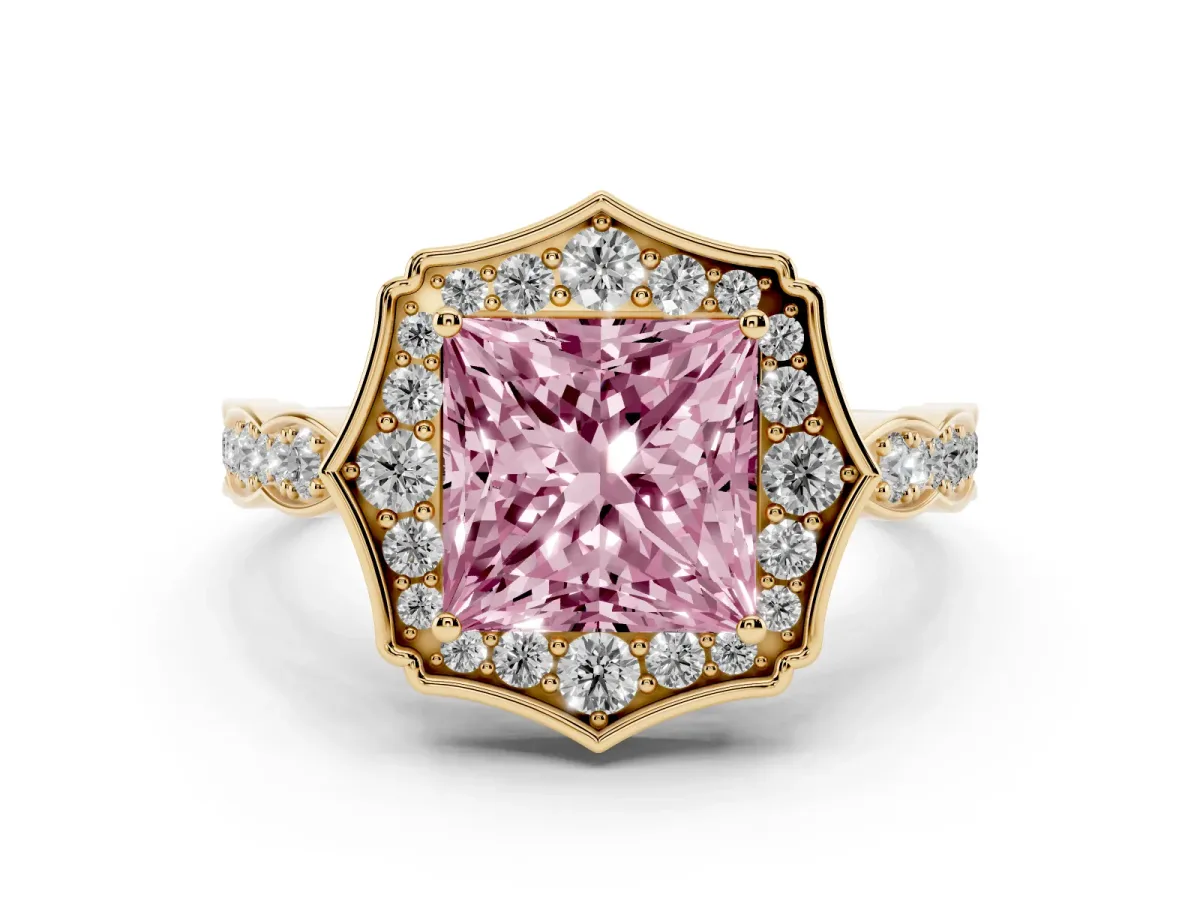 Fancy Pink Princess Cut Halo Diamond Engagement Ring with Milgrain Band and Four-Prong Setting Yellow gold