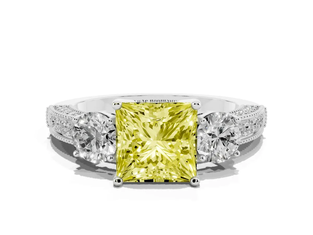 Fancy Yellow Princess Cut Three-Stone Diamond Ring with Pavé Band and Four-Prong Setting Silver