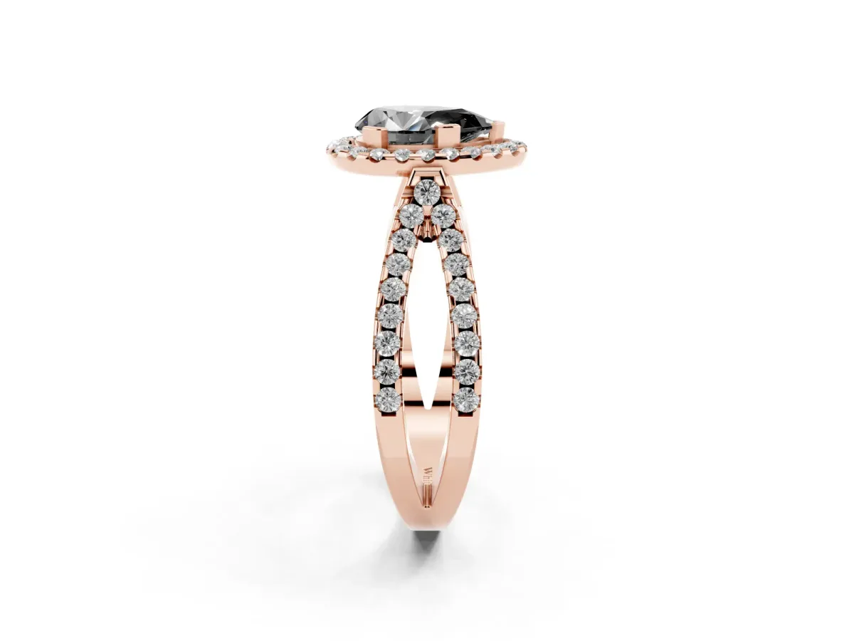 Fancy Black Pear Cut Diamond Halo Ring with Split Shank Pavé Band and Prong Setting Rose gold
