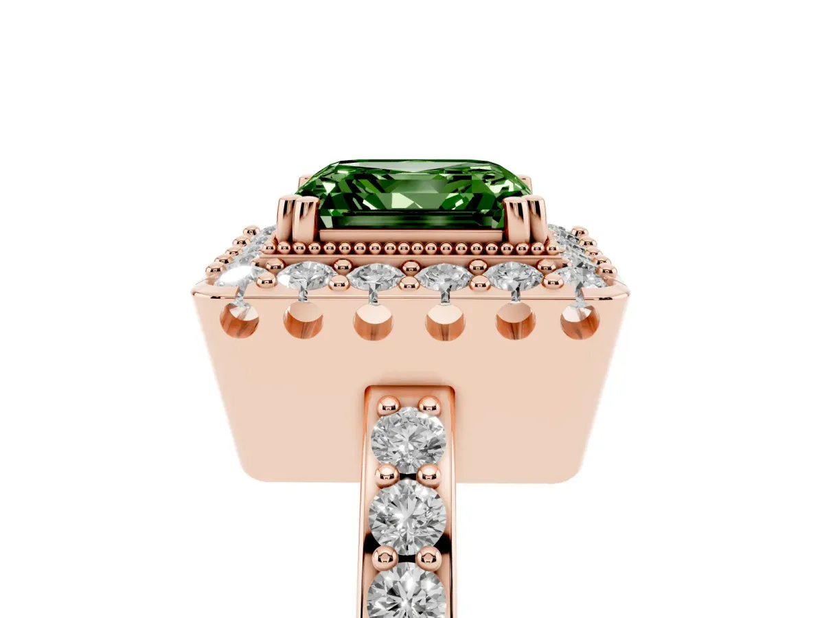 Fancy Green Asscher Cut Diamond Halo Ring with Pavé Band and Prong Setting Rose gold