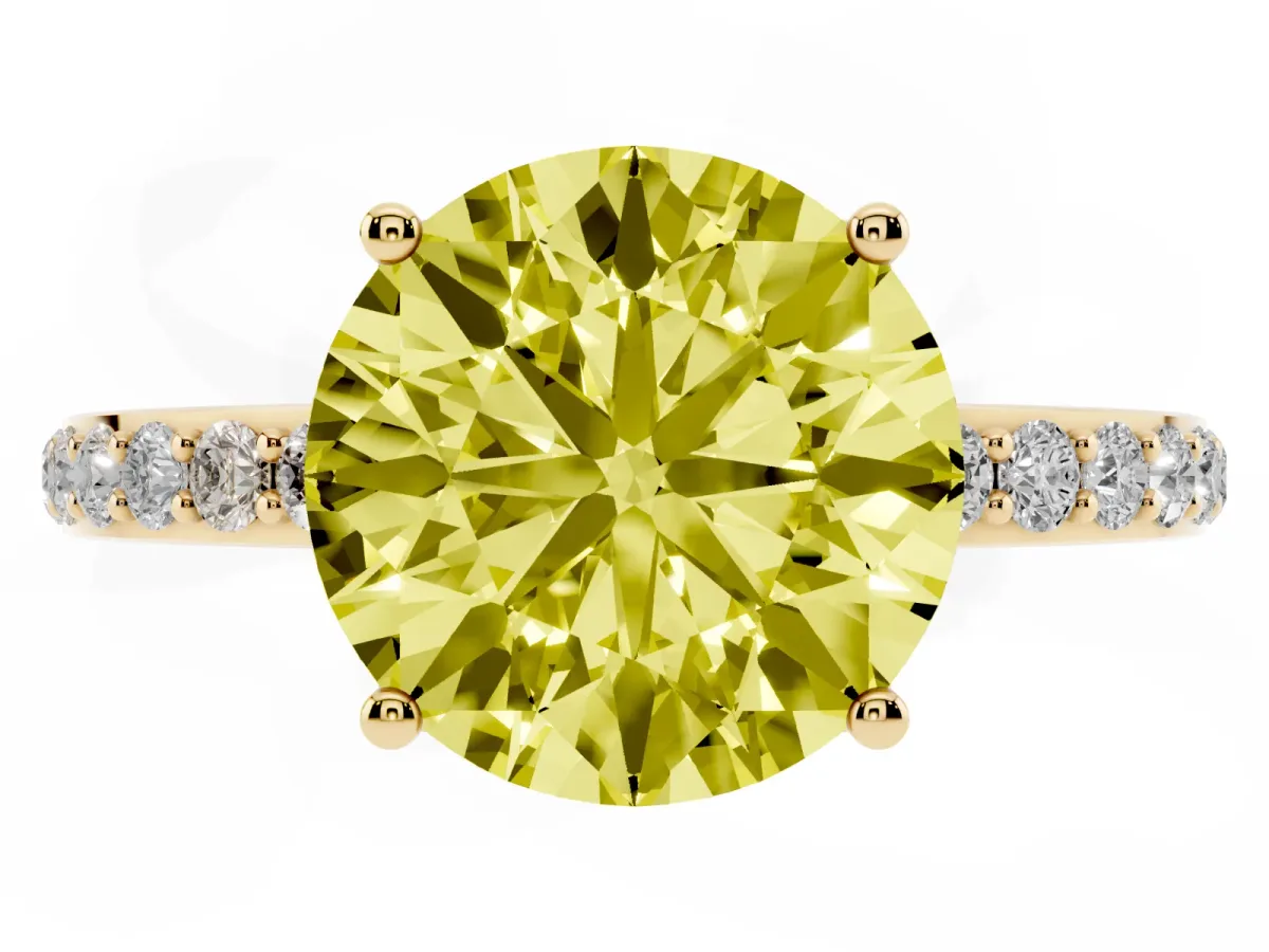 Fancy Yellow Round Cut Diamond Solitaire Ring with Pavé Band and Hidden Halo Yellow gold