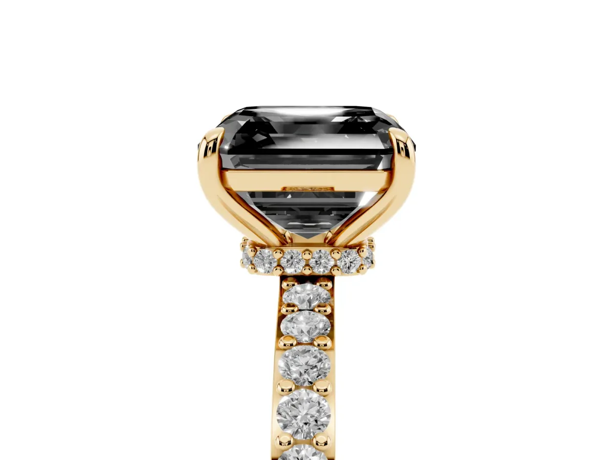 Fancy Black Asscher Cut Diamond Solitaire Engagement Ring with Pavé Band and Four-Prong Setting Yellow gold