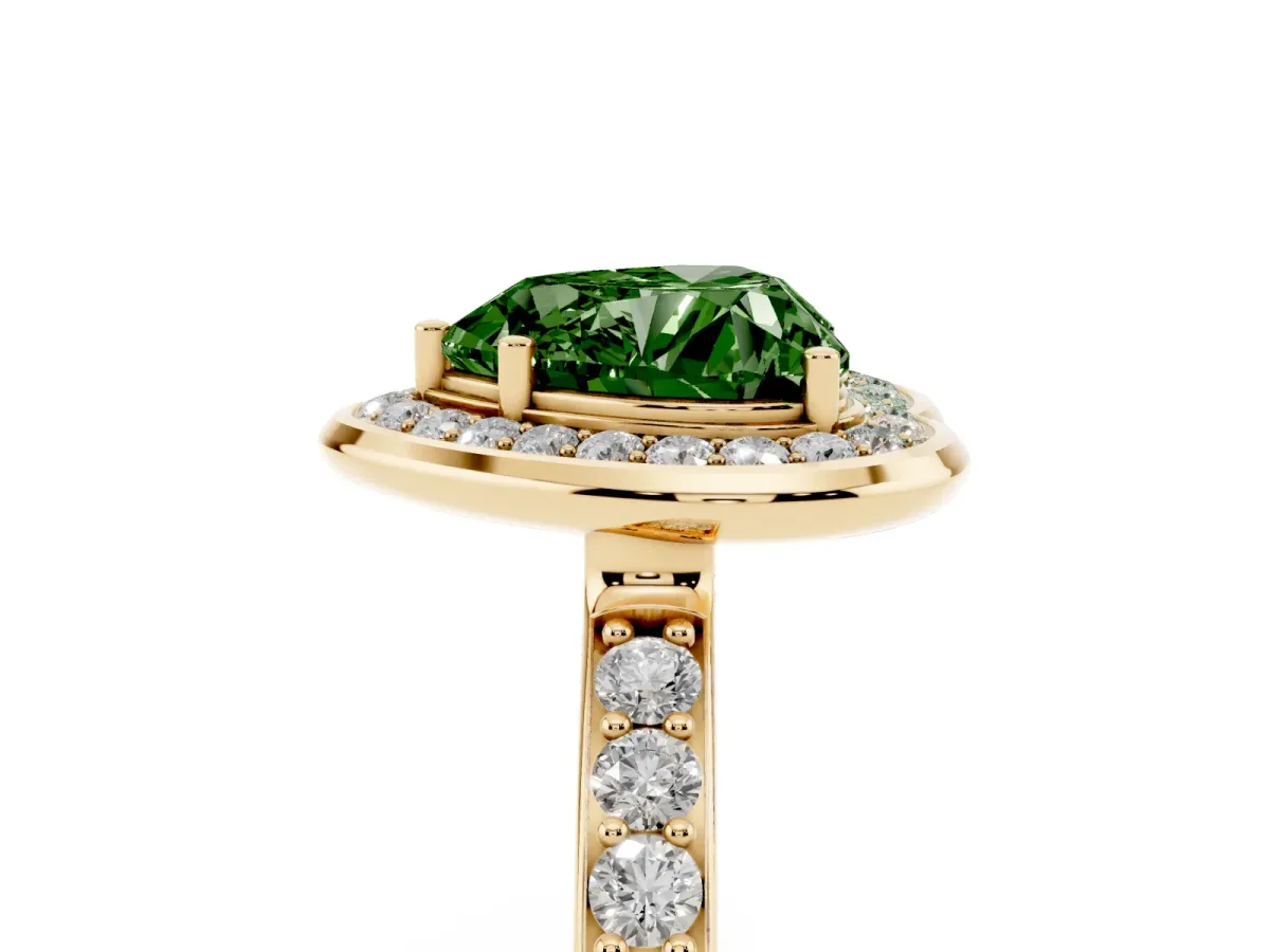 Fancy Green Heart Cut Diamond Halo Ring with Bezel Frame and Pavé Band Yellow gold