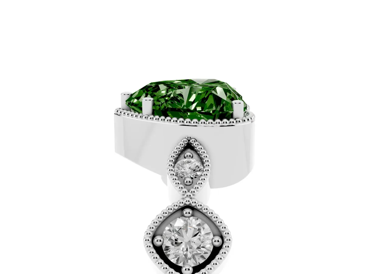 Fancy Green Heart Cut Diamond Vintage Milgrain Ring with Round Stations Silver