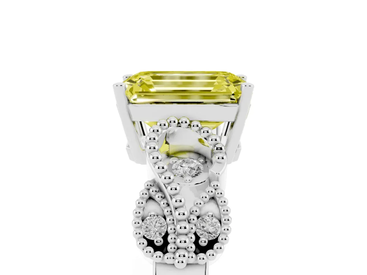 Fancy Yellow Emerald Cut Solitaire Milgrain Leaf Band with Prong Setting White gold