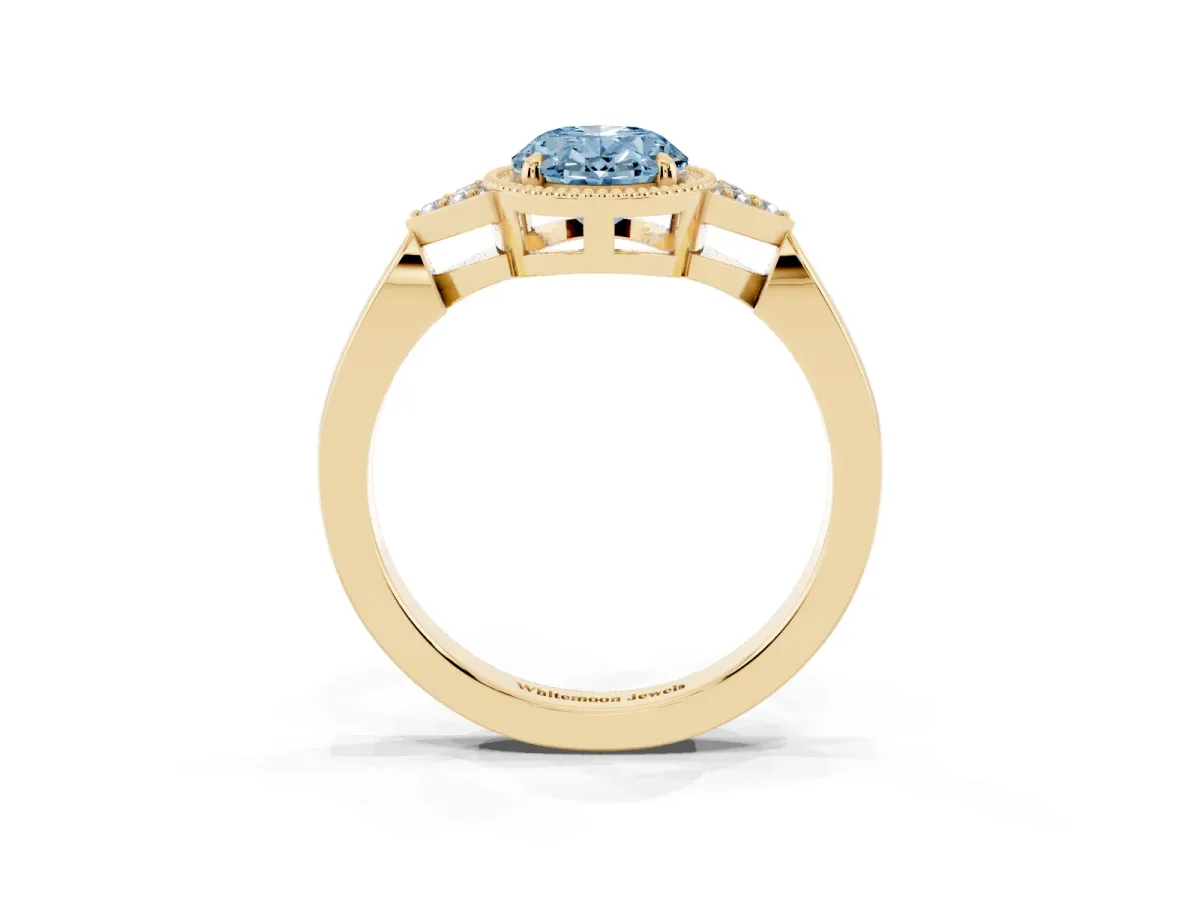 Fancy Blue Hexagonal Halo Oval Cut Diamond Solitaire with Pavé Band and Four-Prong Setting Yellow gold