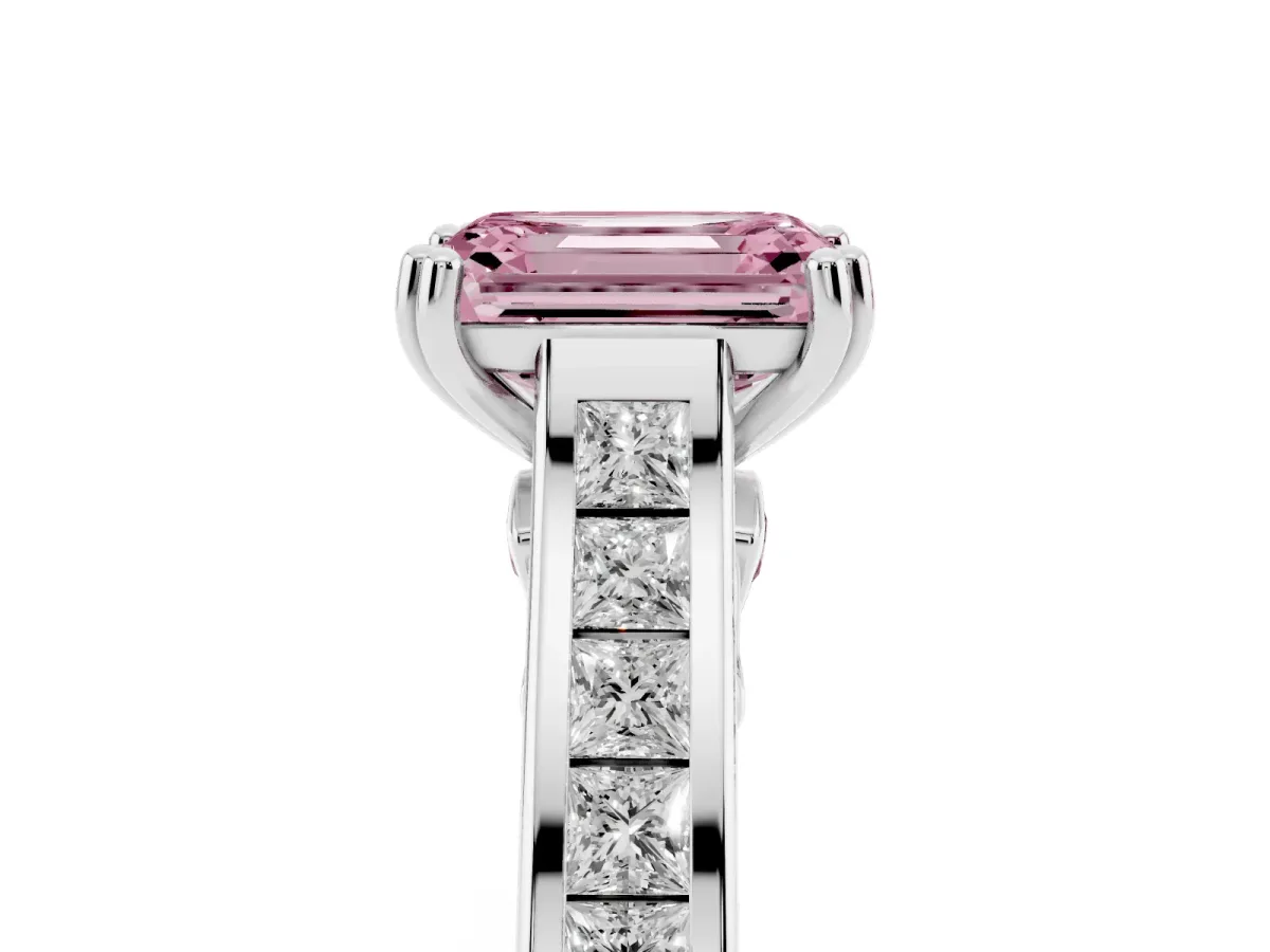 Fancy Pink Emerald Cut Cut Channel Set Solitaire Engagement Ring with Prong Setting Silver