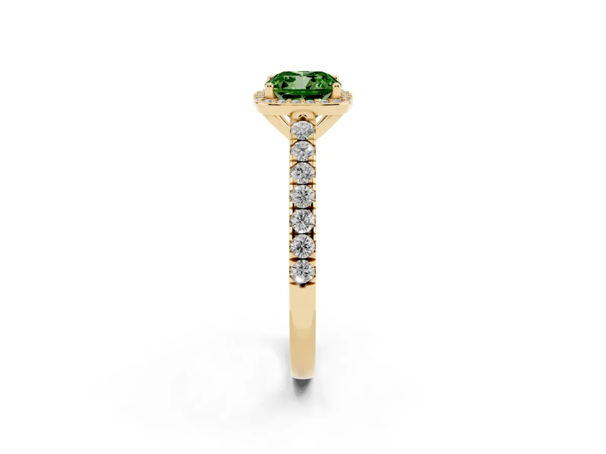 Fancy Green Cushion Cut Cut Halo Diamond Engagement Ring with Pave Band and Four-Prong Setting Yellow gold