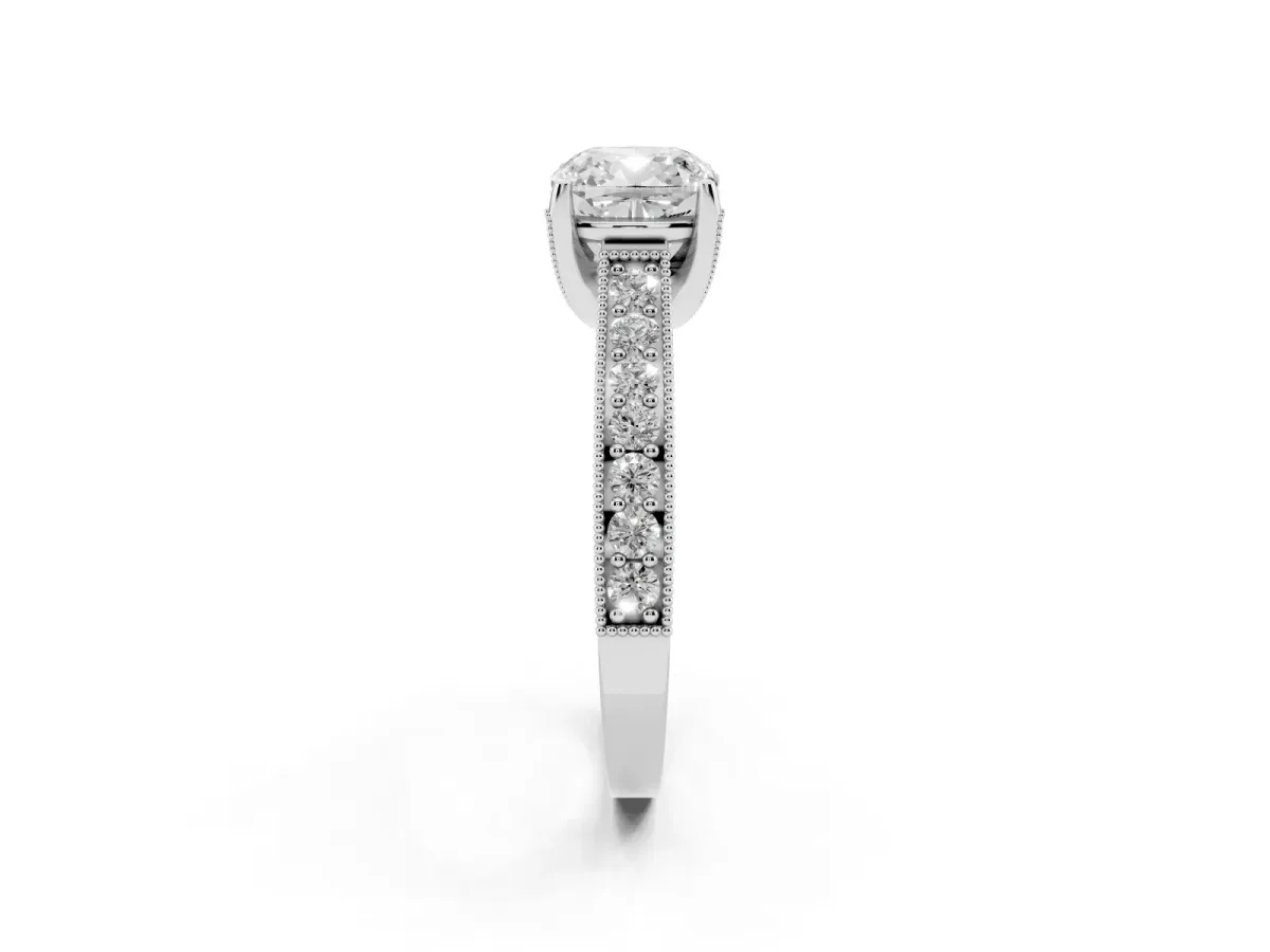 Cushion Cut Cut Diamond Solitaire Ring with Milgrain Pave Band and Four Prong Setting Silver