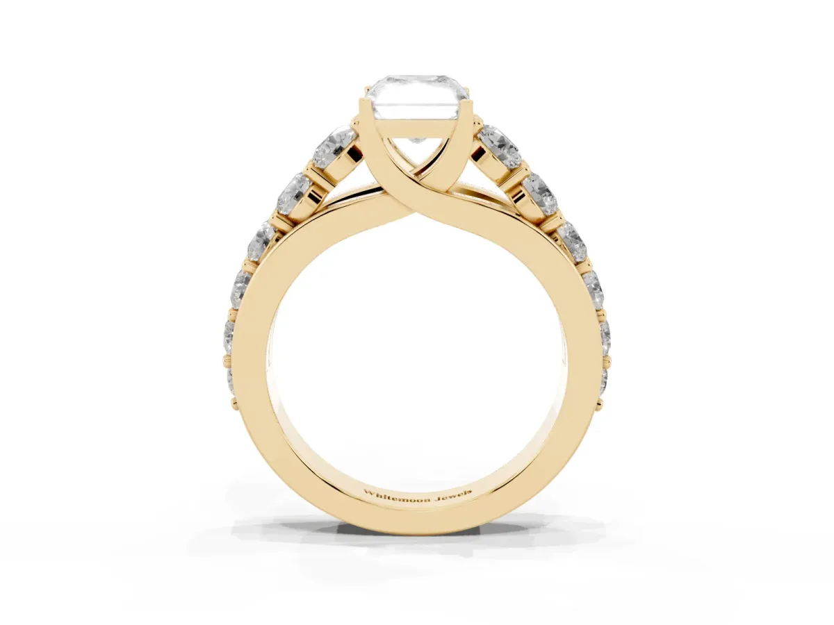 Radiant Cut Diamond Engagement Ring with Pavé Band and Four-Prong Setting Yellow gold