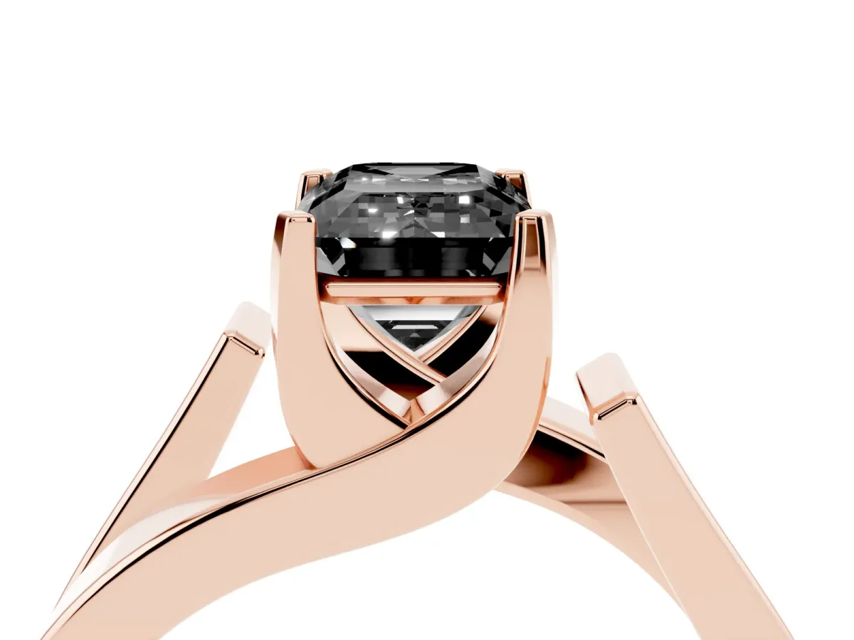 Fancy Black Modern Tension Set Emerald Cut Diamond Solitaire Wide Band Ring Rose gold