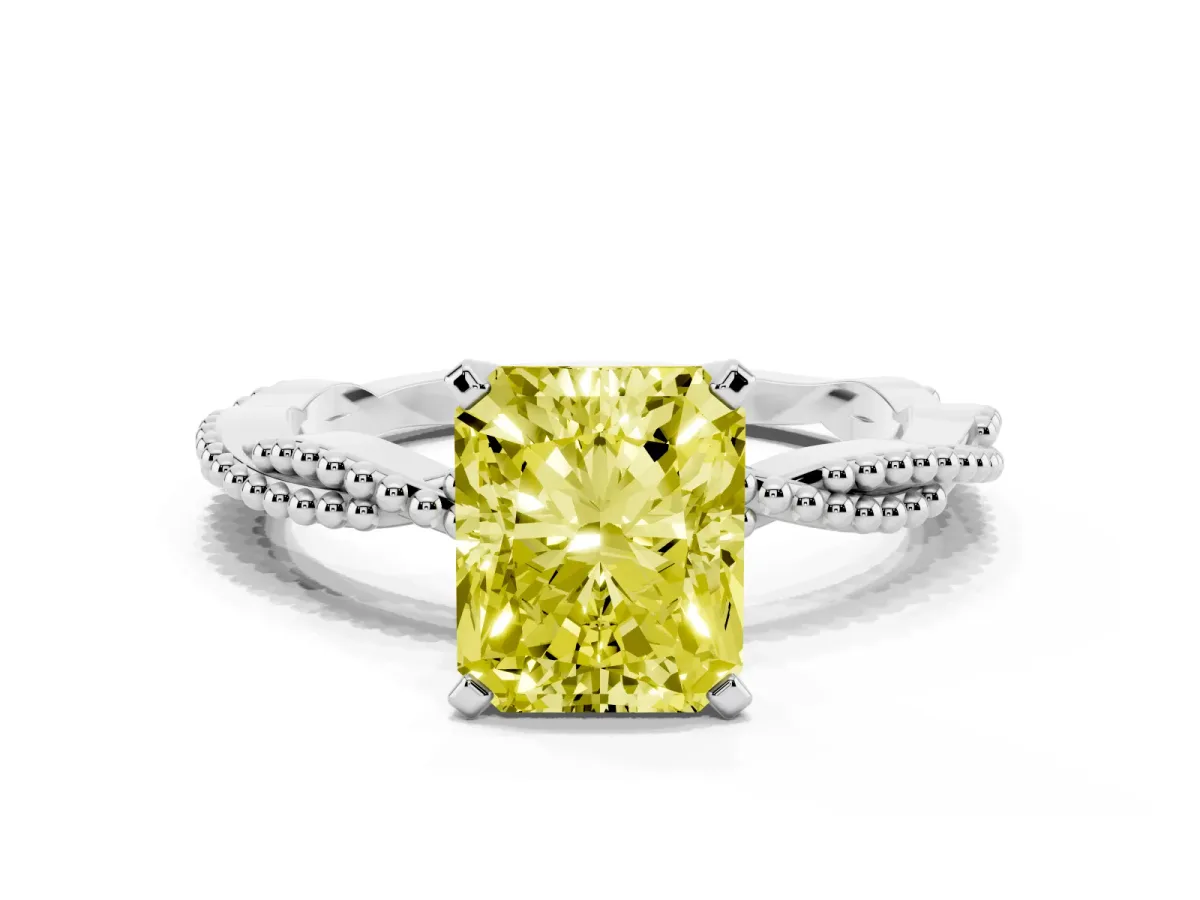 Fancy Yellow Radiant Cut Solitaire Twisted Band with Bead Prong Setting Silver