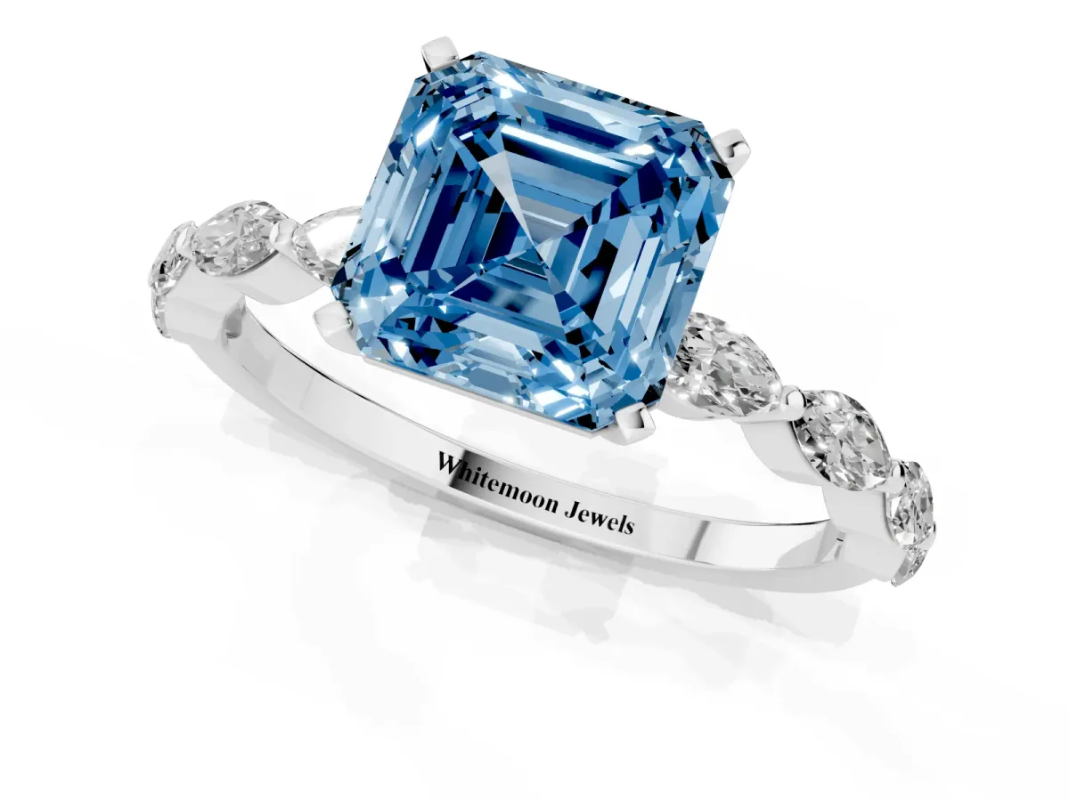 Fancy Blue Asscher Cut Diamond Ring with Marquise Side Stones and Prong Setting Silver
