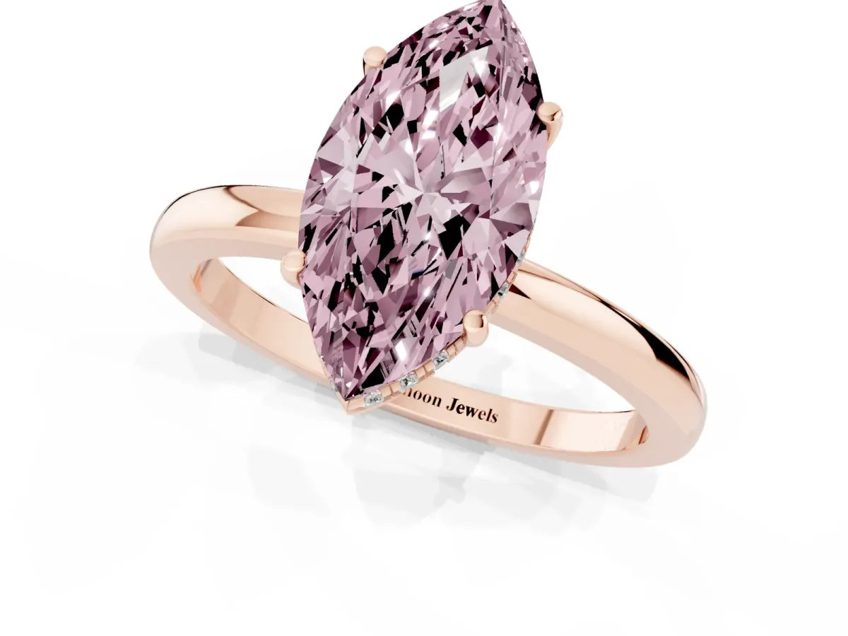 Fancy Pink Marquise Cut Solitaire Diamond Ring with Prong Setting and Plain Band Rose gold