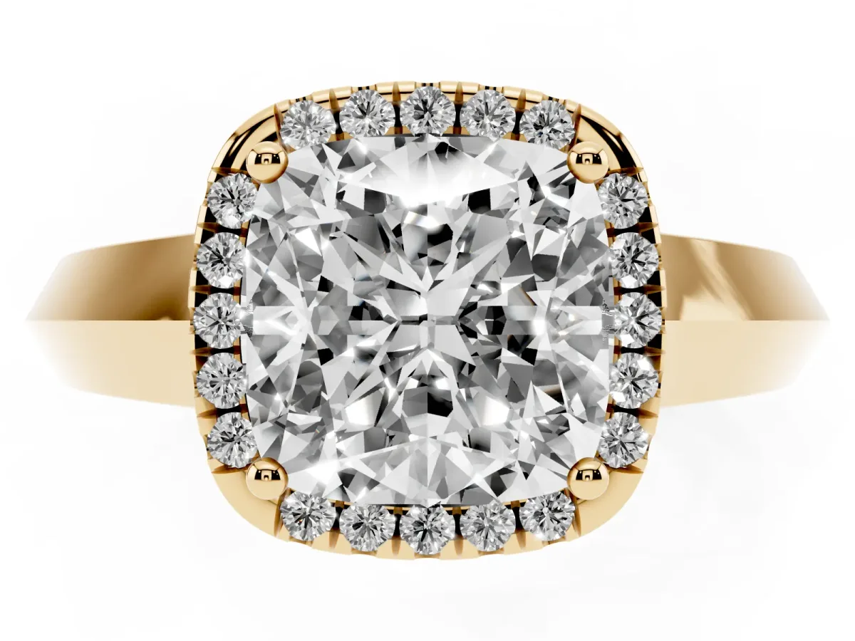 Cushion Cut Halo Diamond Ring with Cathedral Band and Four-Prong Setting Yellow gold