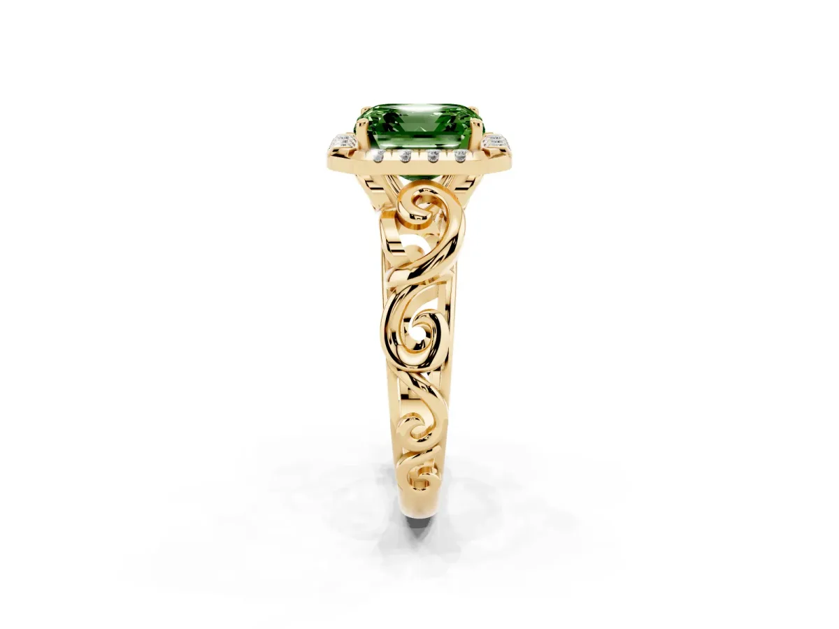 Fancy Green Asscher Cut Cut Halo Diamond Ring with Scrollwork Band and Four-Prong Setting Yellow gold