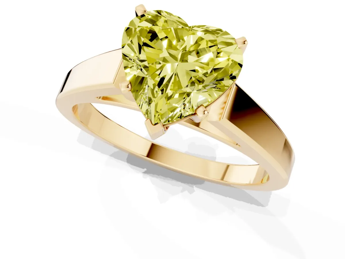 Fancy Yellow Heart Cut Solitaire Engagement Ring with Four-Prong Setting and Tapered Band Yellow gold