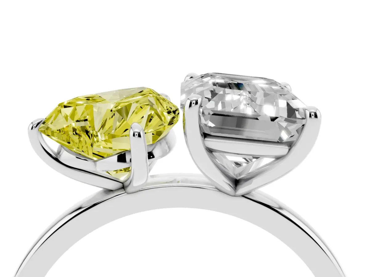 Fancy Yellow Heart Cut and Emerald Cut Toi Moi Ring with Prong Setting Silver
