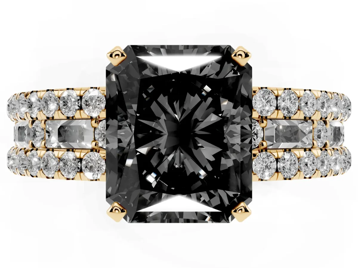 Fancy Black Radiant Cut Diamond Solitaire Ring with Pavé and Channel Set Band Yellow gold