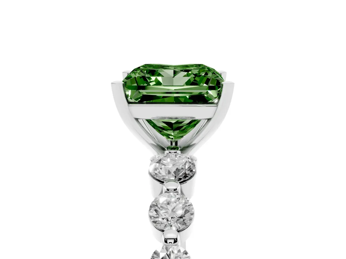 Fancy Green Princess Cut Solitaire Diamond Ring with Pave Band and Four-Prong Setting Silver