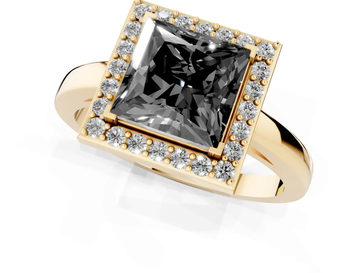 Fancy Black Princess Cut Halo Diamond Ring with Solitaire Band and Prong Setting Yellow gold