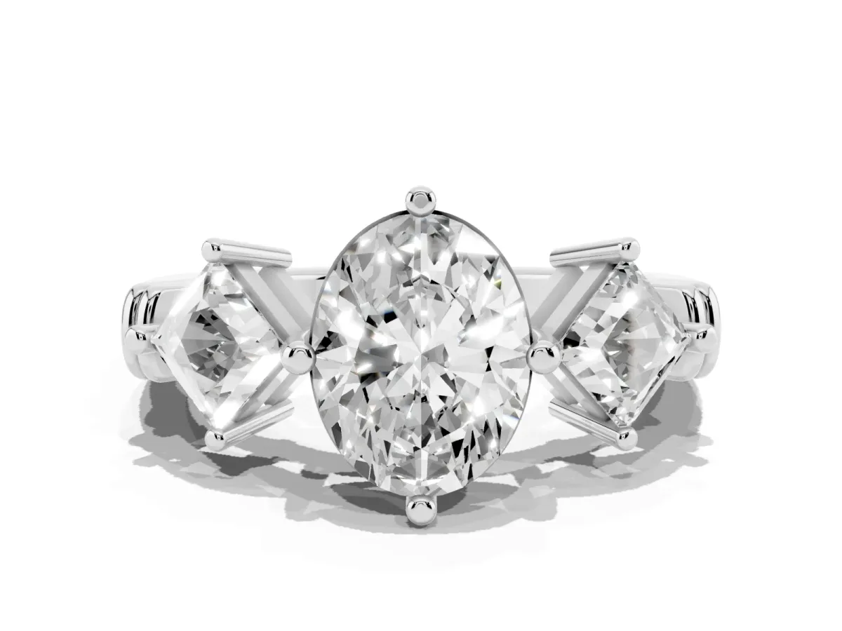 Three-Stone Oval Cut and Princess Cut Diamond Ring with Channel Band and Four-Prong Setting Platinum