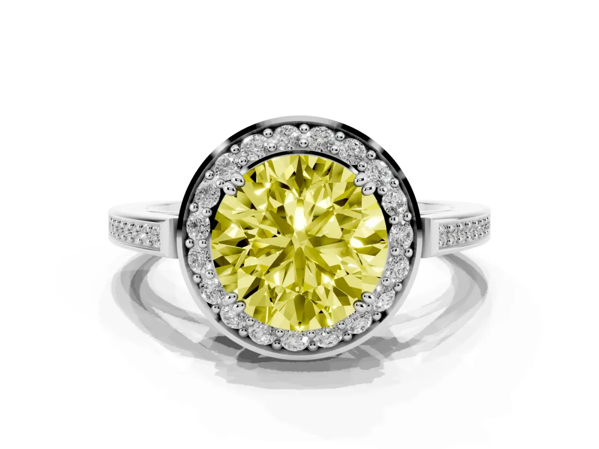 Fancy Yellow Round Cut Diamond Halo Ring with Split Shank and Four-Prong Setting Silver