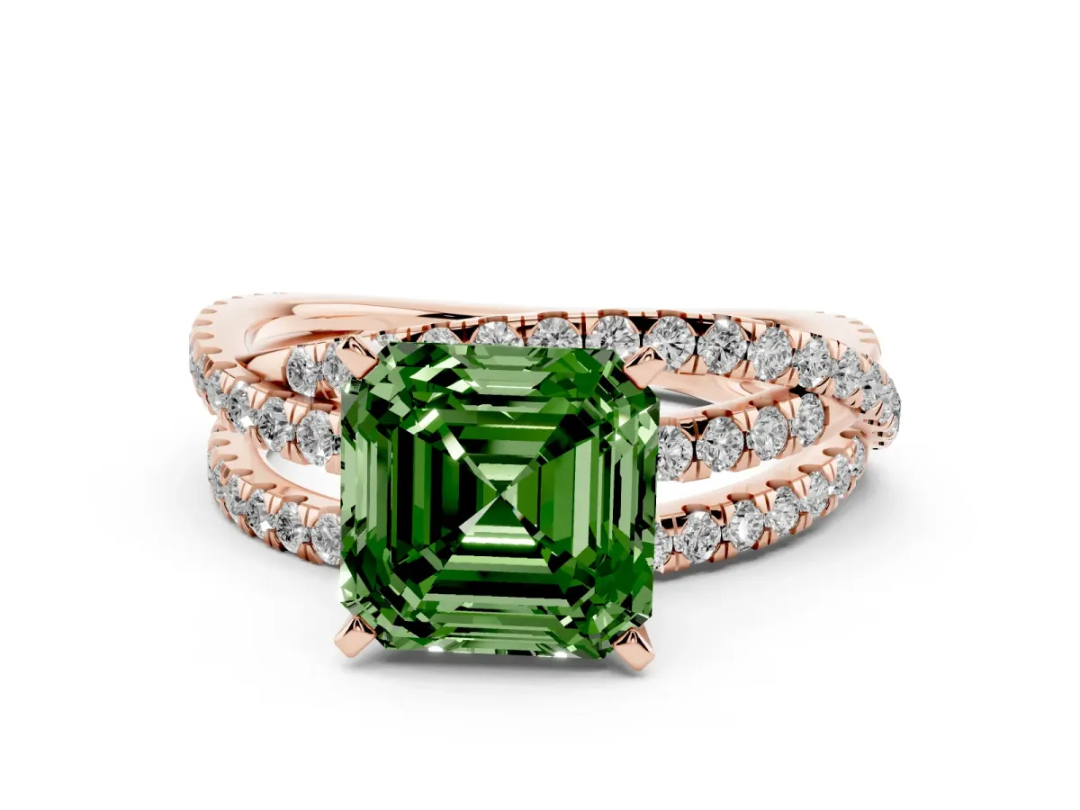 Fancy Green Asscher Cut Solitaire Twist Band with Pavé Setting and Four-Prong Setting Rose gold