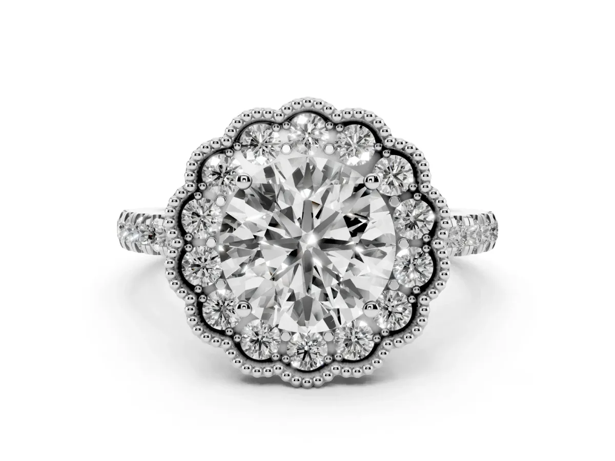 Round Cut Cut Diamond Milgrain Floral Halo Engagement Ring with Pavé Band White gold