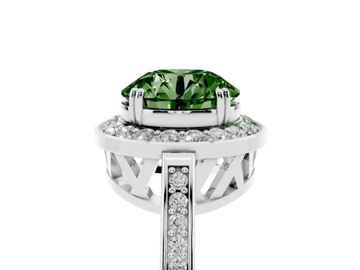 Fancy Green Round Cut Diamond Halo Ring with Split Shank and Four-Prong Setting Silver