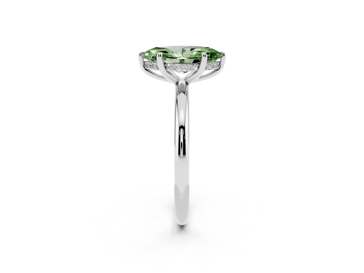 Fancy Green Marquise Cut Diamond Solitaire Ring with Thin Band and Four-Prong Setting Platinum
