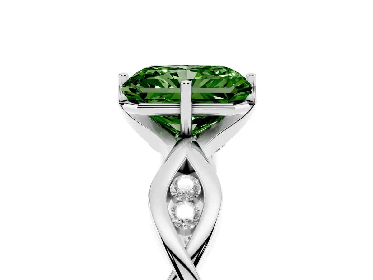 Fancy Green Radiant Cut Solitaire Twist Band with Leaf Prong Setting Silver