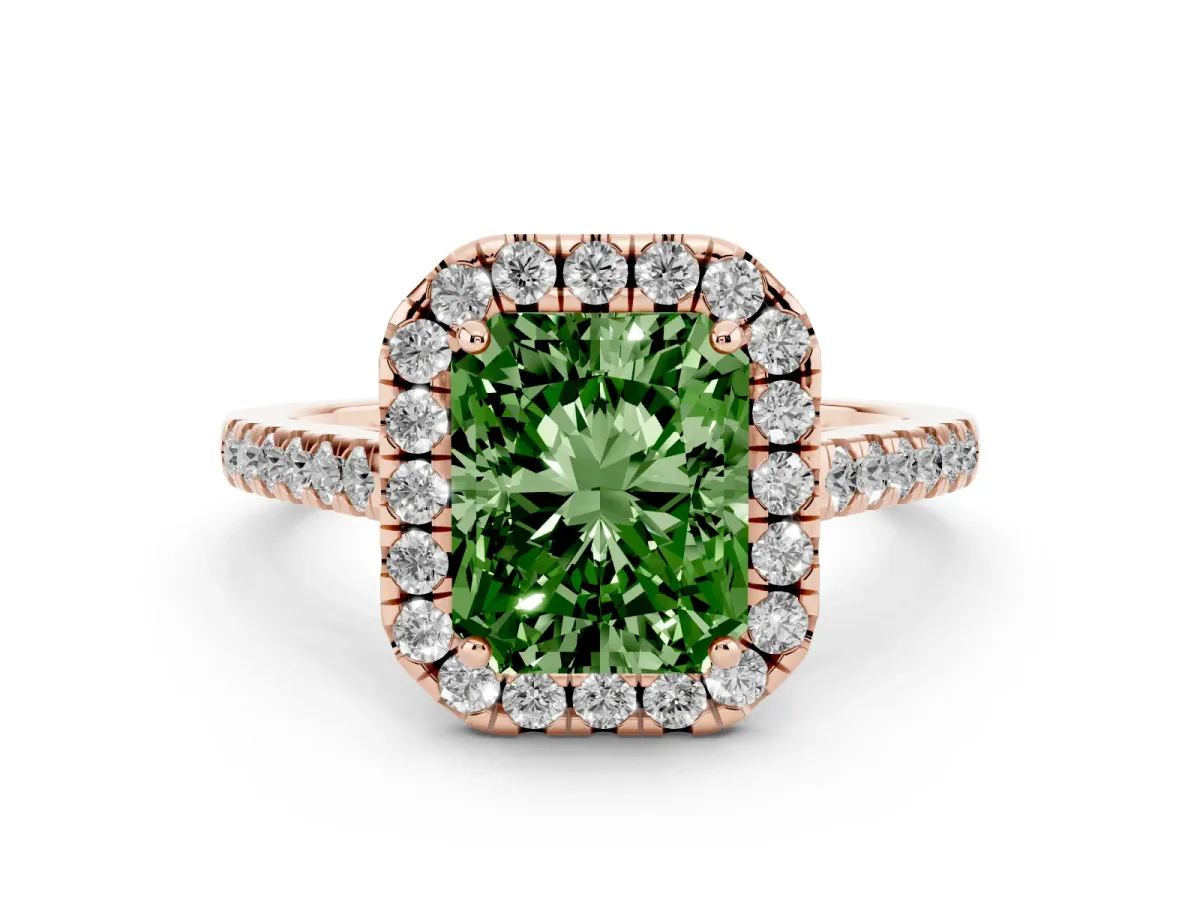 Fancy Green Radiant Cut Halo Pavé Diamond Engagement Ring with Four-Prong Setting Rose gold