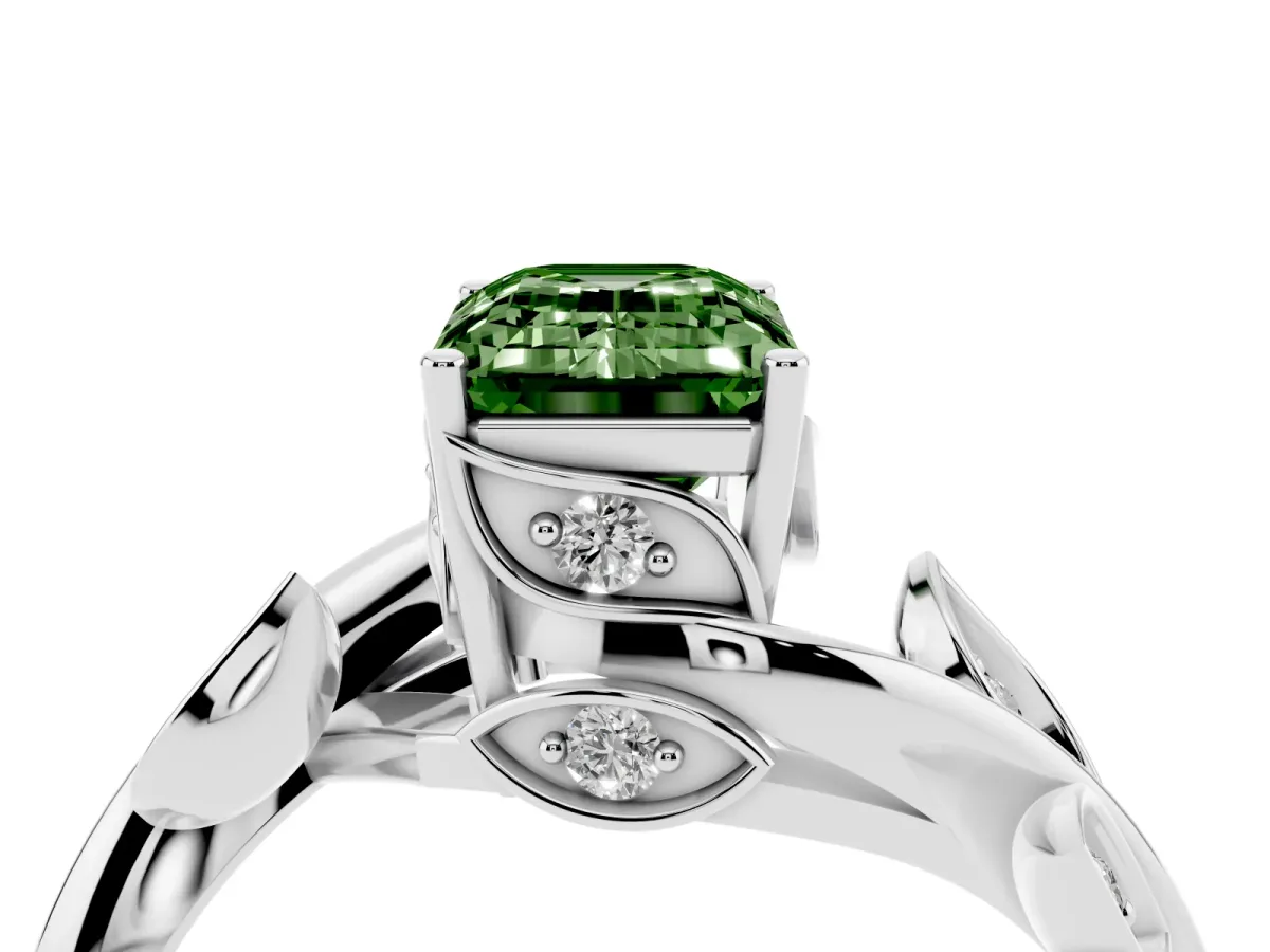 Fancy Green Emerald Cut Solitaire Twist Engagement Ring with Leaf Accents and Prong Setting Silver