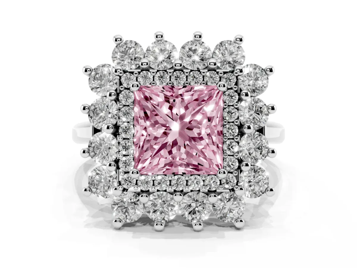 Fancy Pink Princess Cut Diamond Floral Double Halo Engagement Ring with Prong Setting Silver