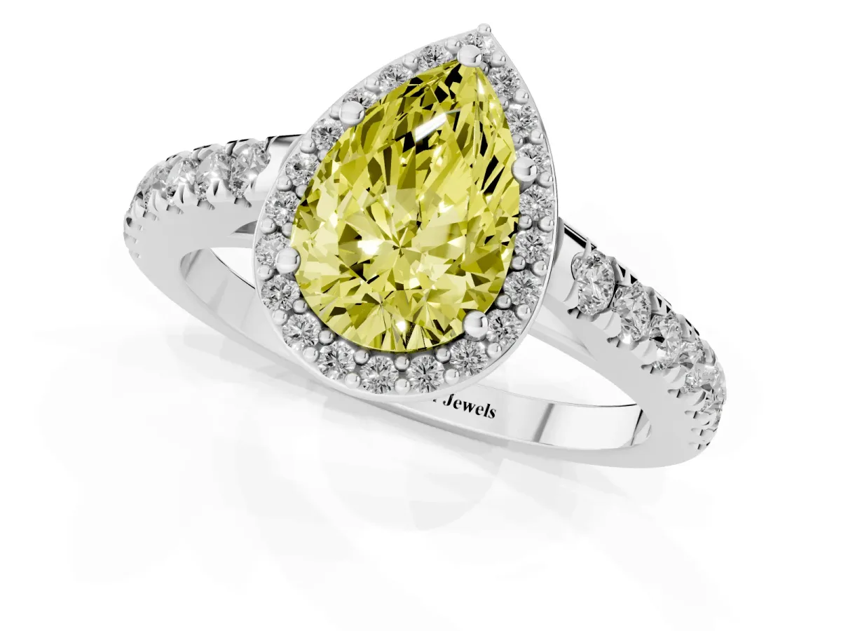 Fancy Yellow Pear Cut Cut Halo Diamond Engagement Ring with Pave Band and Four-Prong Setting Platinum