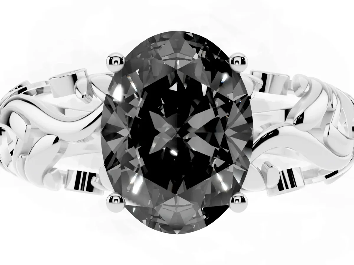 Fancy Black Oval Cut Solitaire Diamond Leaf-Inspired Vine Band Ring with Prong Setting Platinum
