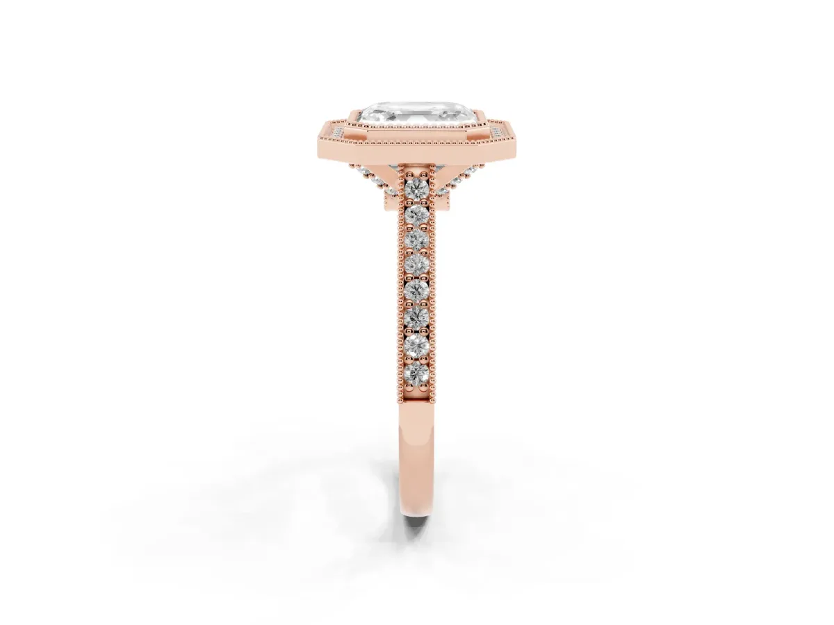 Halo Asscher Cut-Cut Diamond Pave Band Milgrain Prong Setting Ring Rose gold