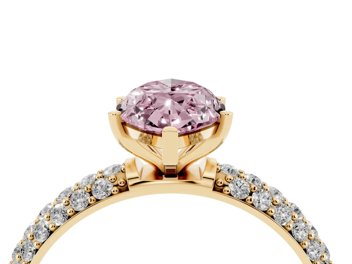 Fancy Pink Marquise Cut Diamond Solitaire Ring with Prong Setting and Pavé Band Yellow gold