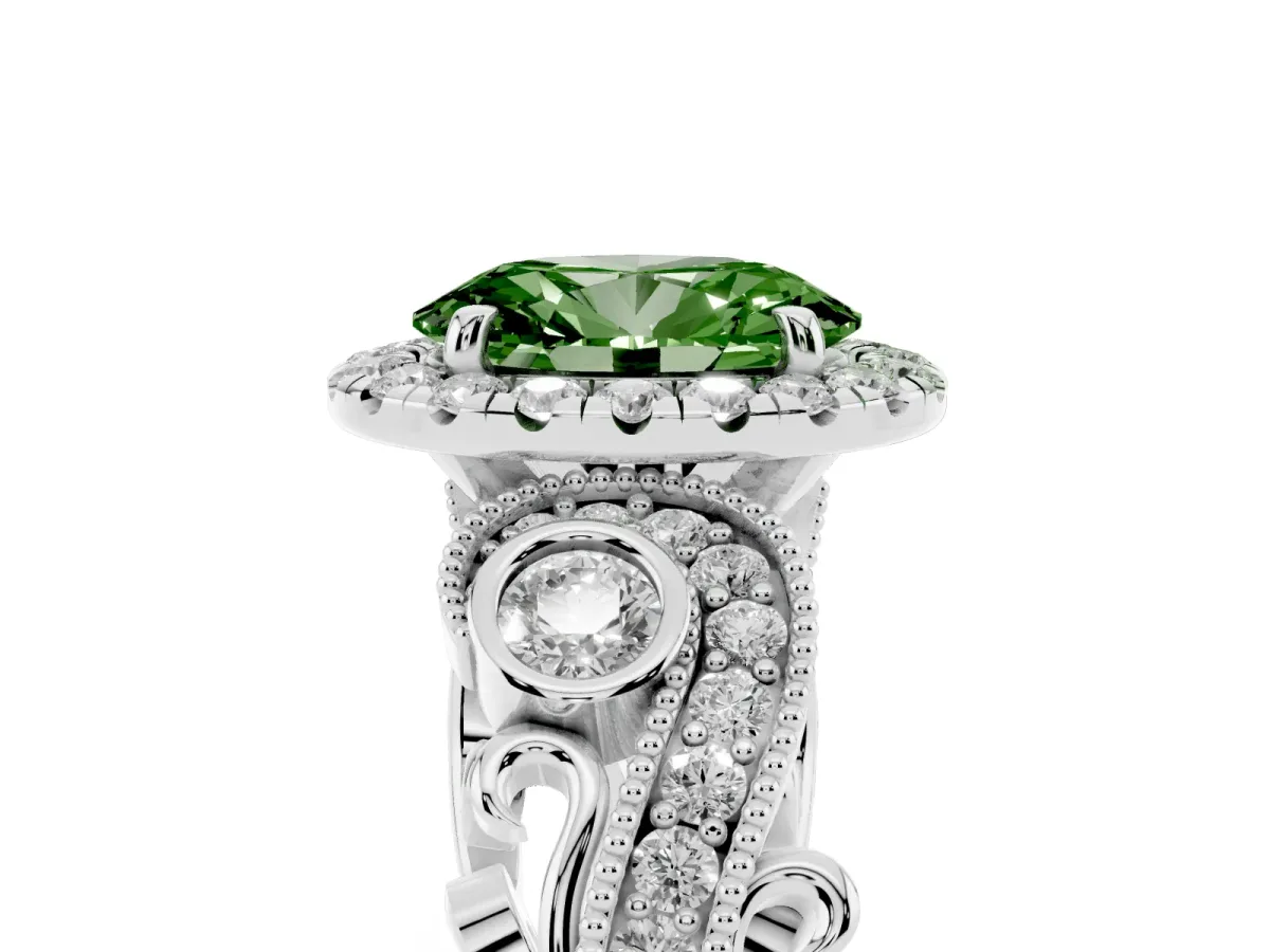 Fancy Green Oval Cut Halo Diamond Ring with Milgrain and Bezel Accents on a Split Shank Band White gold