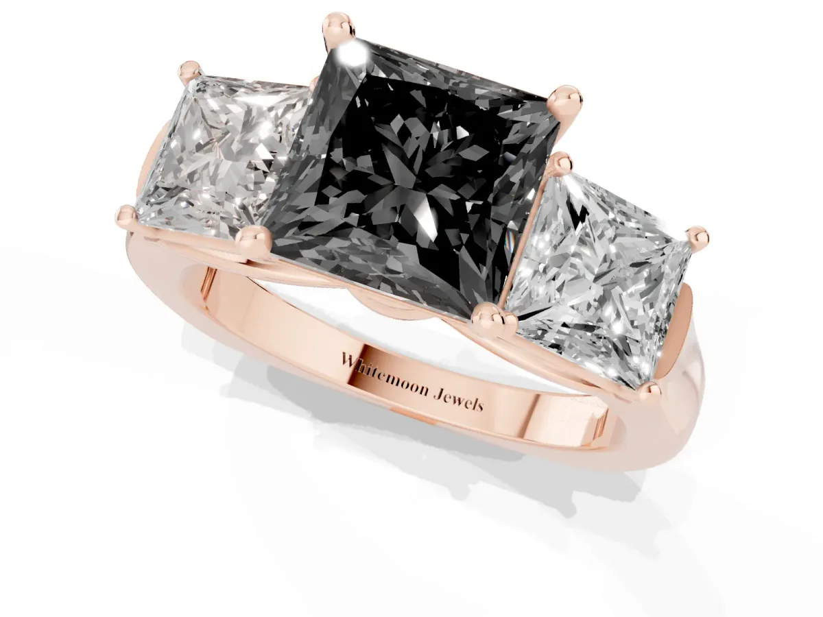 Fancy Black Three-Stone Princess Cut Brilliant Diamond Trellis Ring with Comfort Fit Band Rose gold